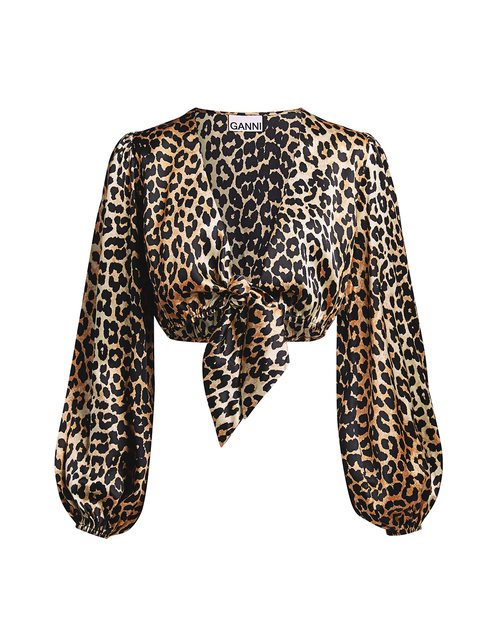 GANNI Blakely Leopard Silk-blend Cropped Top