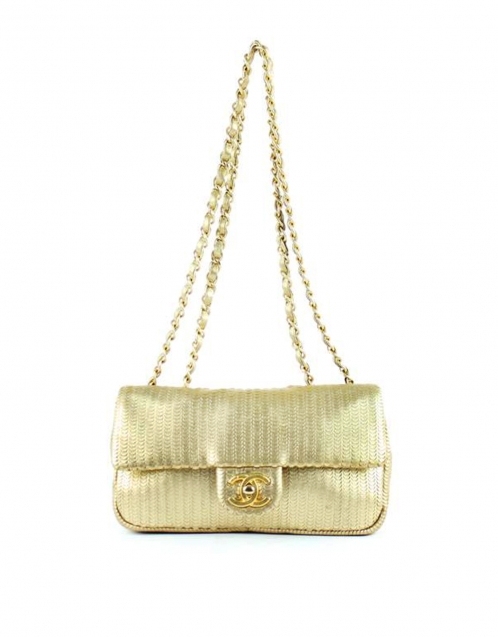  Gold Laser Cut Leather Small Classic 鎖鏈翻蓋包
