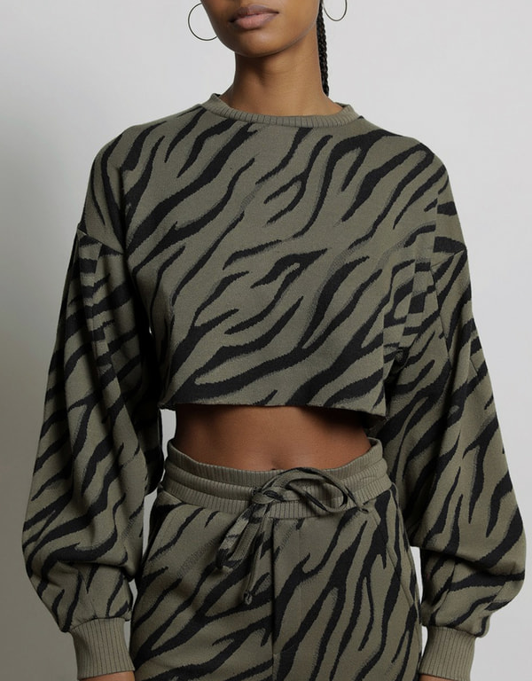 Bali Tiger Hyper-Reality Knit Balloon Sleeve Cropped Top