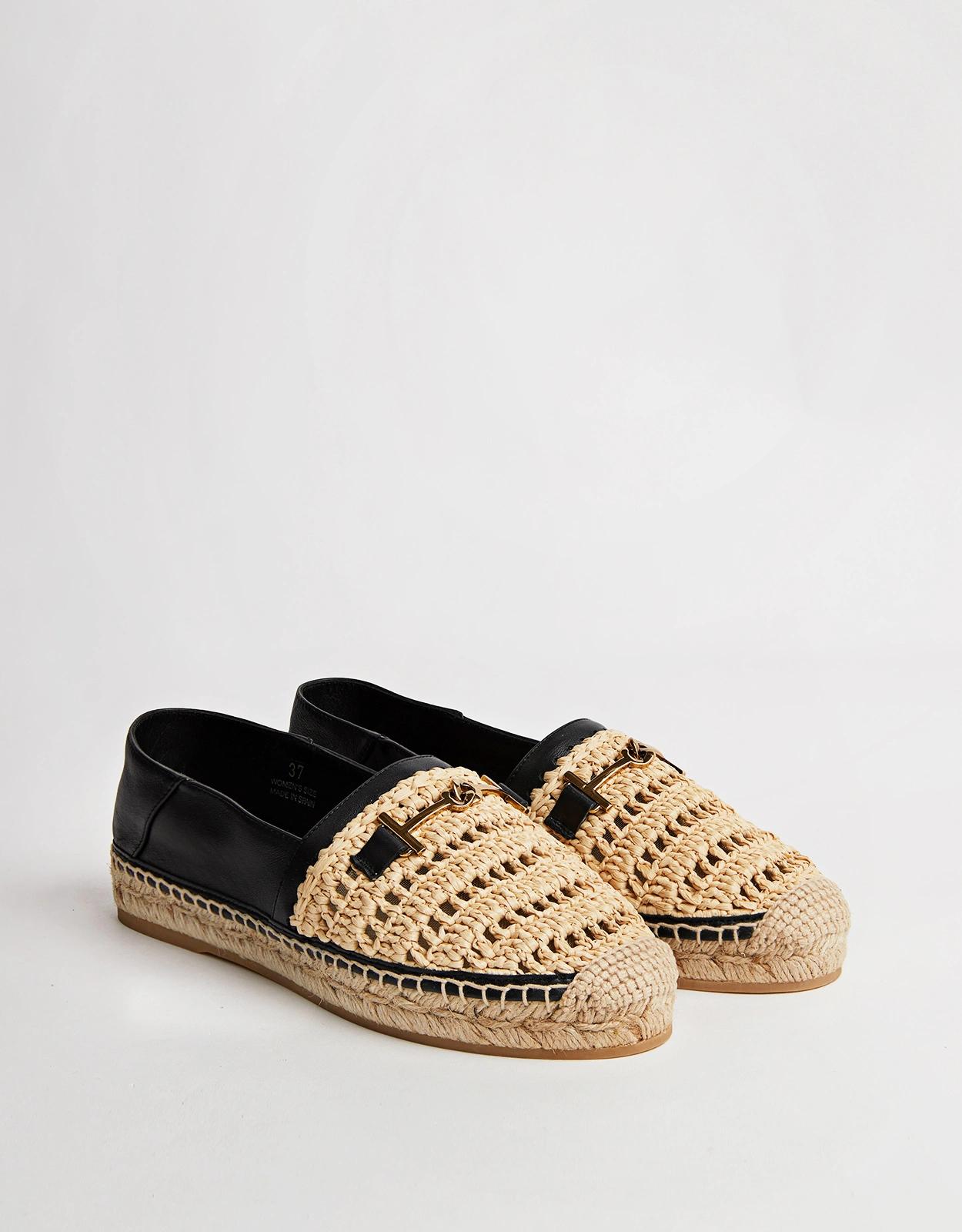 Tod's小牛皮拉菲草平底草編鞋