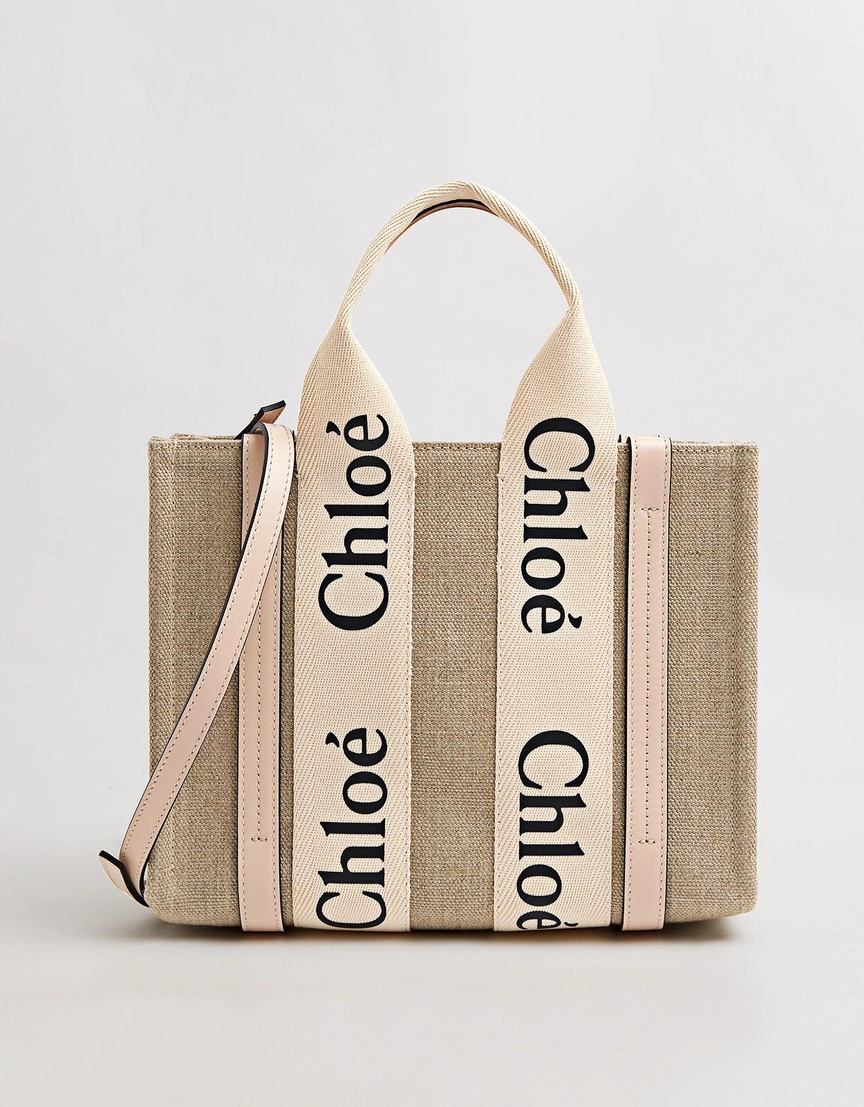 Chloé Woody 小型亞麻帆布小牛皮斜背托特包